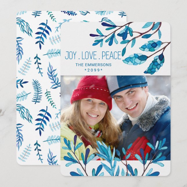 Blue Botanical Christmas Photo and Name Holiday Card (Front/Back)