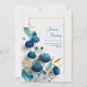 Blue Botanical Chrysanthemum & Gold Frame Wedding  Invitation