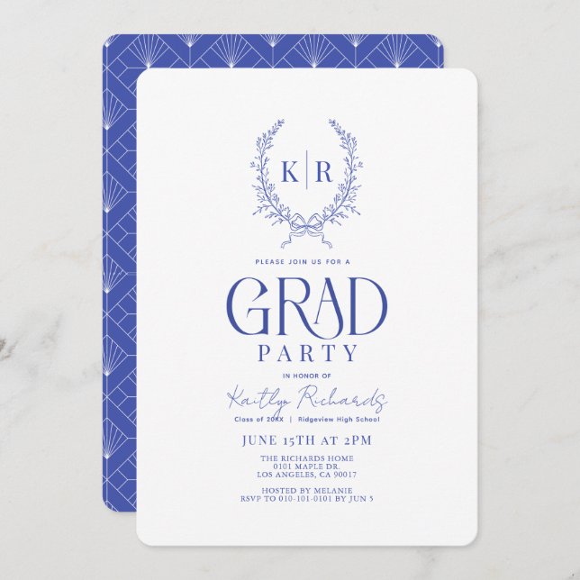 Blue Botanical Crest Monogram Graduation Invitation (Front/Back)