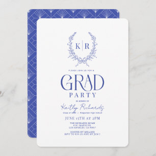 Blue Botanical Crest Monogram Graduation Invitation