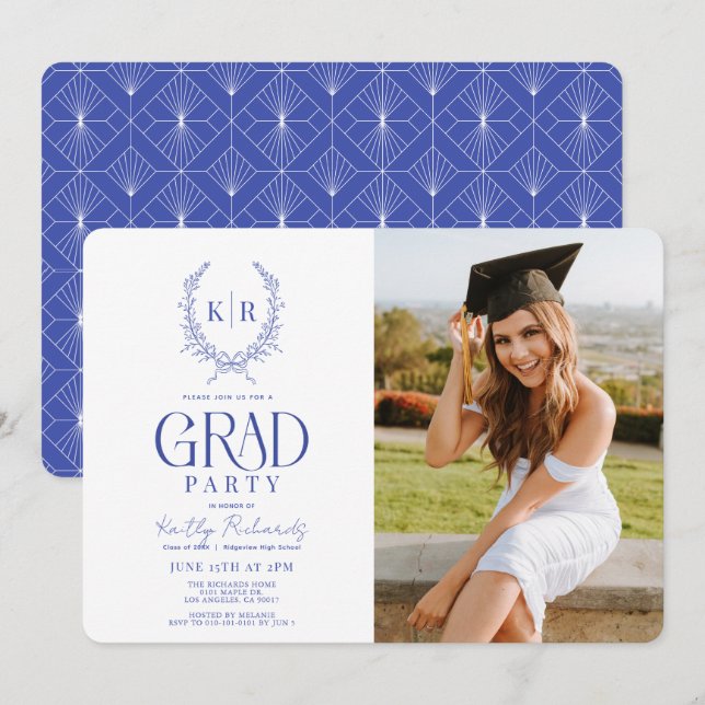 Blue Botanical Crest Monogram Graduation Photo Invitation (Front/Back)