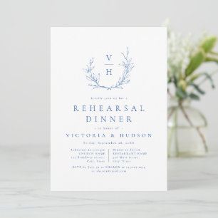 Blue botanical crest monogram rehearsal dinner invitation