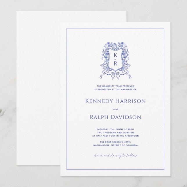 Blue Botanical Crest & Ribbon Elegant Wedding Invitation (Front/Back)