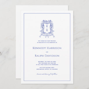 Blue Botanical Crest & Ribbon Elegant Wedding Invitation