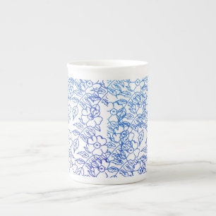 Blue botanical drawing vintage floral design uniqu bone china mug