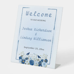 Blue Botanical Elegance Wedding Welcome Pedestal Sign