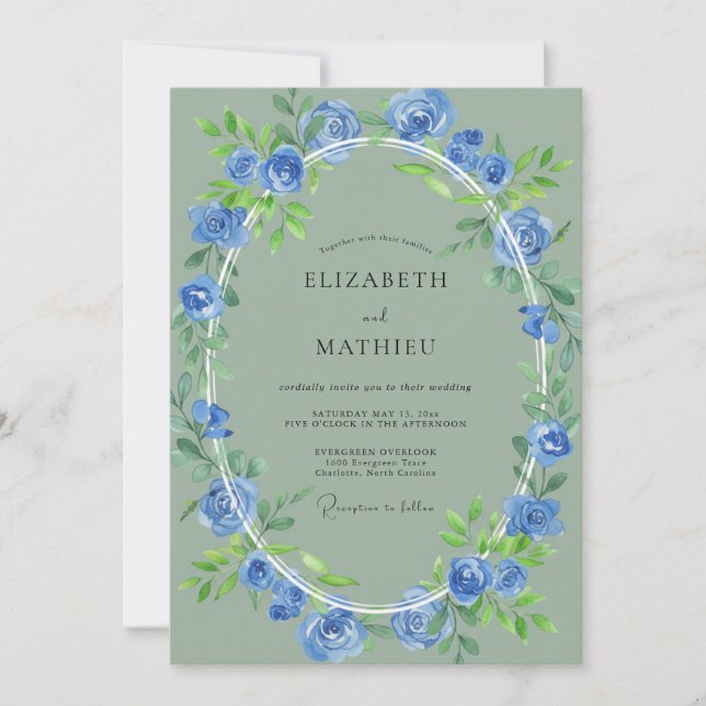 Blue Botanical Embrace Wedding Invitation (Front)
