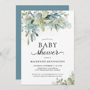 Blue Botanical Eucalyptus Baby Shower Invitation