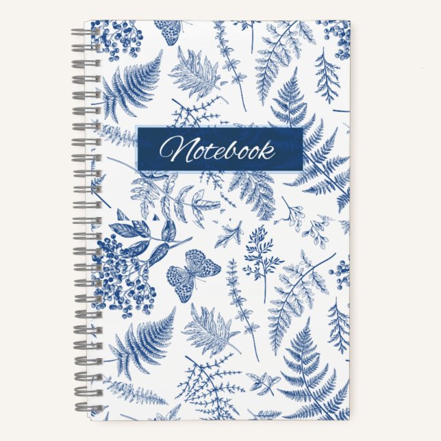 Blue Botanical Floral Deluxe Spiral Notebook (Front)
