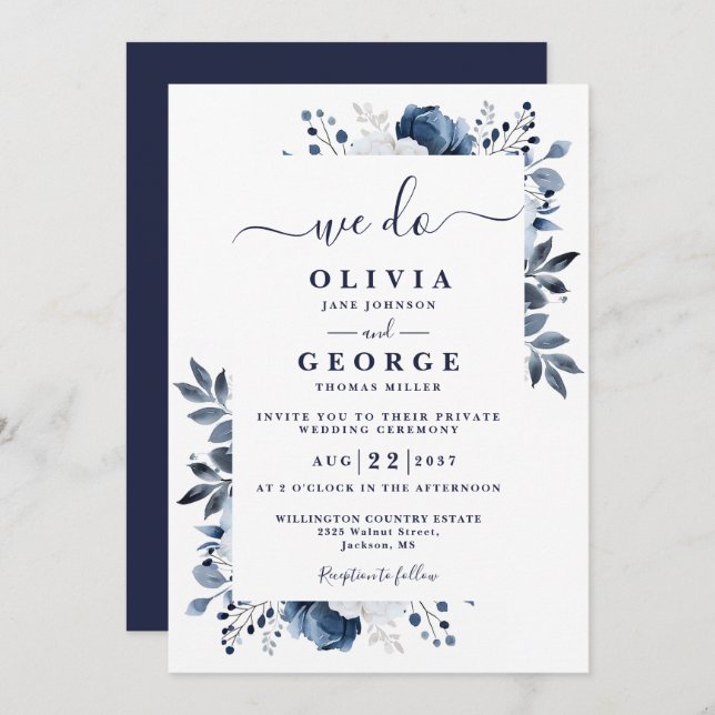 Blue Botanical Floral Intimate Private Wedding Invitation (Front/Back)