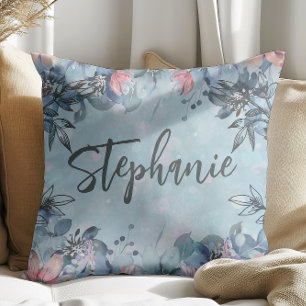 Blue Botanical Floral Name Cushion