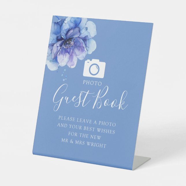Blue Botanical Floral Photo Guest Book Wedding Pedestal Sign (Front)
