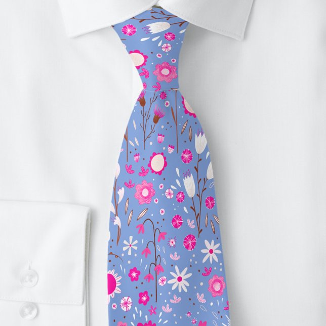Blue Botanical Floral Tie (Blue and pink modern floral botanical neck tie)