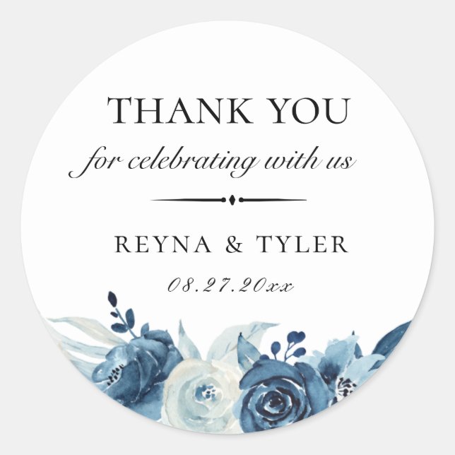 Blue Botanical Floral Wedding Favour Classic Round Sticker (Front)