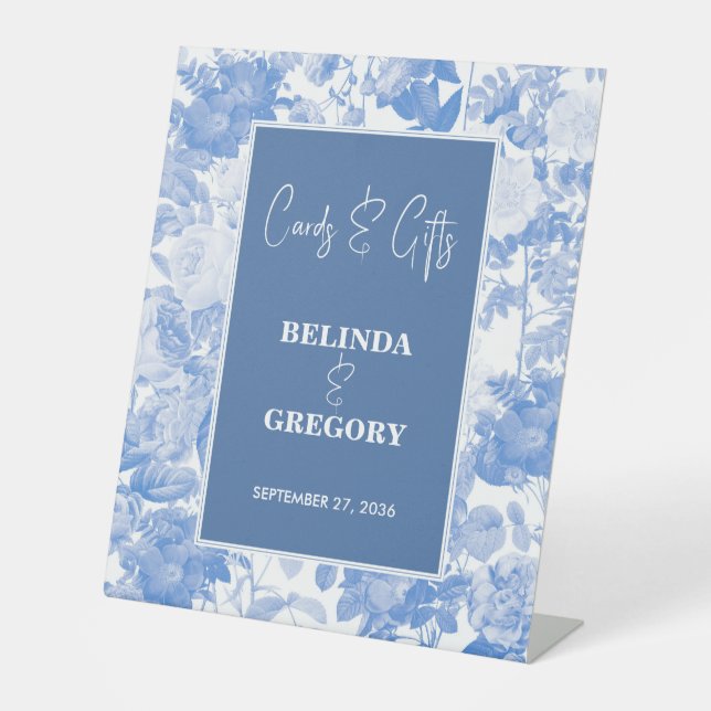 Blue Botanical Florals Wedding Cards & Gifts Pedestal Sign (Front)