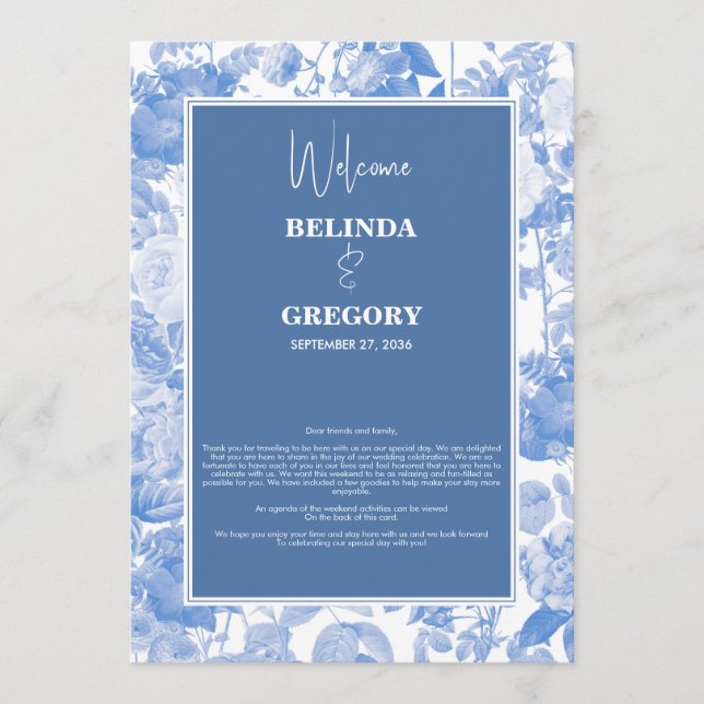 Blue Botanical Florals Wedding Itinerary Programme (Front)