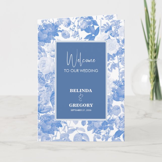 Blue Botanical Florals Wedding Order of Service Programme (Front)