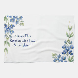 Blue Botanical Foliage Floral, Bless This Kitchen Tea Towel