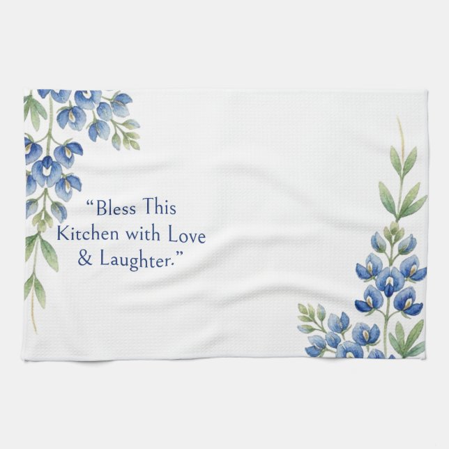 Blue Botanical Foliage Floral, Bless This Kitchen Tea Towel (Horizontal)