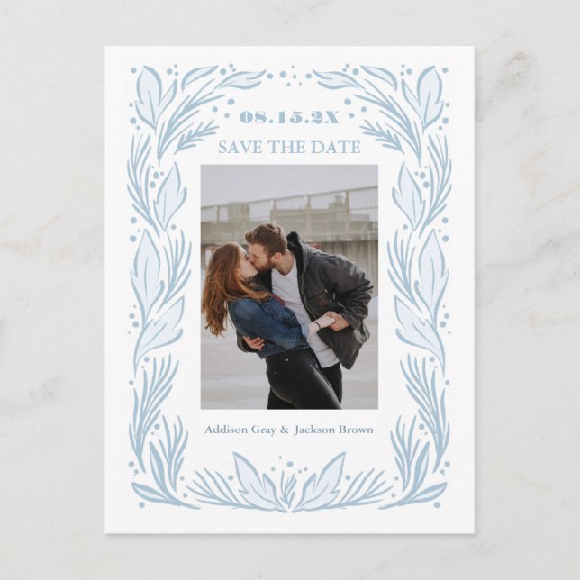 Blue Botanical Frame Save the Date Postcard (Front)