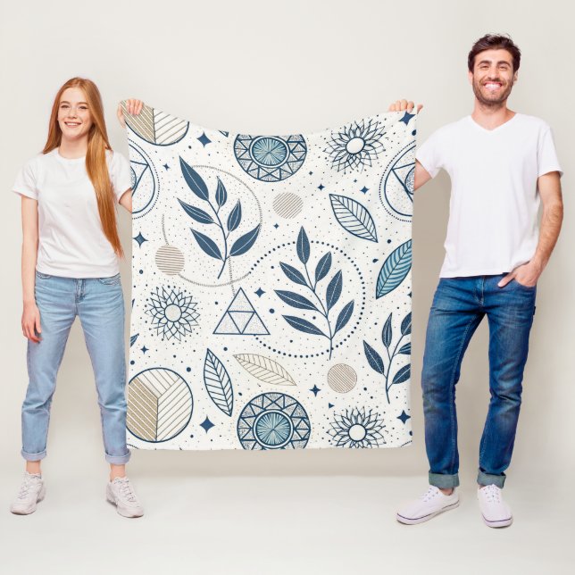 Blue Botanical Geometric Doodle Fleece Blanket (In Situ)