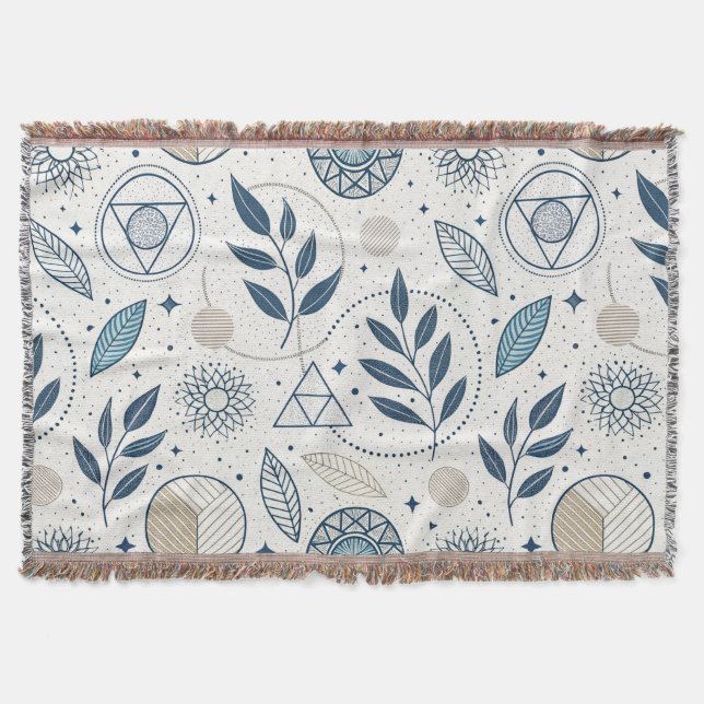 Blue Botanical Geometric Doodle Throw Blanket (Front)