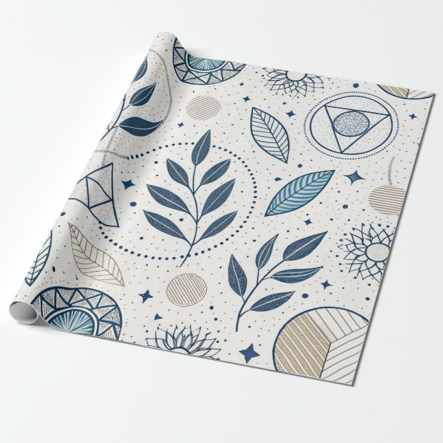 Blue Botanical Geometric Doodle Wrapping Paper (Unrolled)
