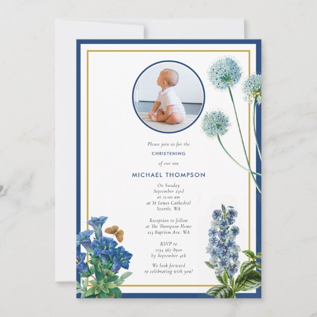 Blue Botanical Gold Baptism Christening Boy Photo Invitation (Front)