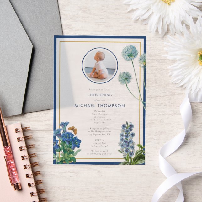 Blue Botanical Gold Baptism Christening Boy Photo Vellum Invitations (Wedding)