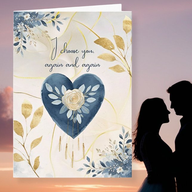 Blue Botanical Heart with Gold Script Accents Holiday Card (Creator Uploaded)