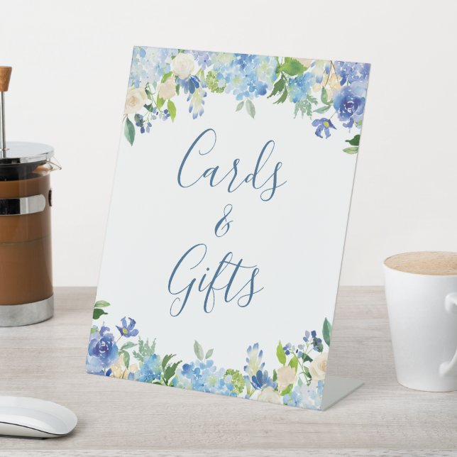 Blue Botanical Hydrangea Floral Cards and Gifts Pedestal Sign (In SItu)