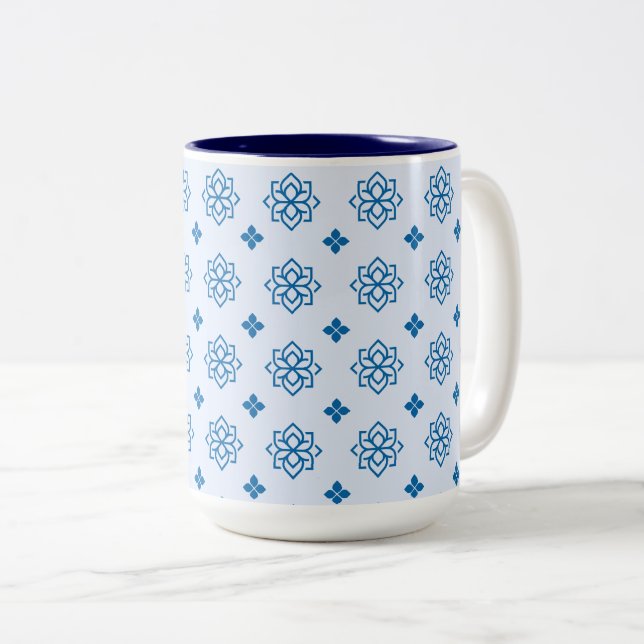 Blue Botanical Inspired Motif Two-Tone Coffee Mug (Front Right)