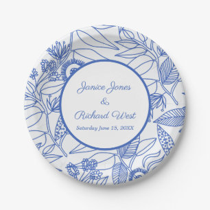 Blue Botanical Personalised Navy Frame Wedding  Paper Plate