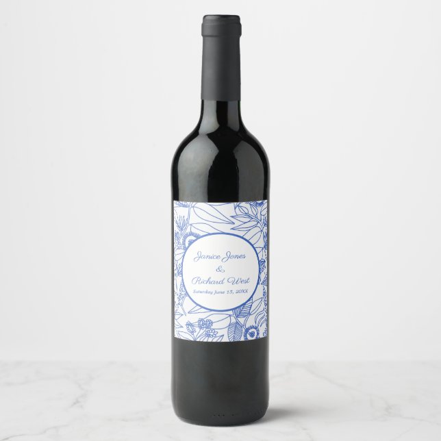 Blue Botanical Personalised Navy Frame  Wine Label (Front)