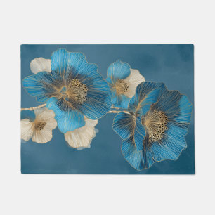 Blue Botanical Poppy Gold Line Art Floral Doormat