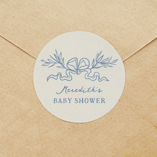 Blue Botanical Ribbon Baby Shower Classic Round Sticker