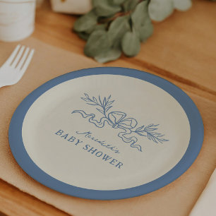 Blue Botanical Ribbon Baby Shower Paper Plate