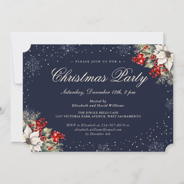 Blue Botanical Snowflake Christmas Holiday Party Invitation (Front)