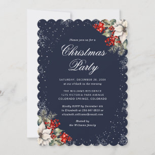 Blue Botanical Snowflake Elegant Christmas Party Invitation