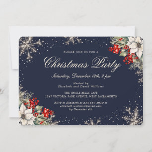 Blue Botanical Snowflakes Christmas Holiday Party Invitation