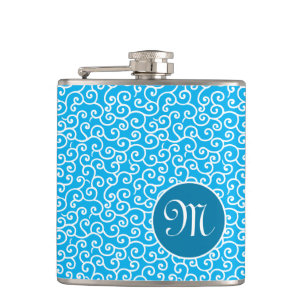 Blue Botanical Spiral Vine Karakusa Pattern Hip Flask