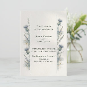 Blue Botanical Thistle Tartan Scottish Wedding Invitation
