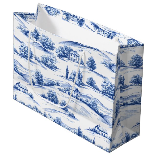 Blue Botanical Toile Pattern Large Gift Bag (Front Angled)