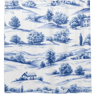 Blue Botanical Toile Pattern Shower Curtain