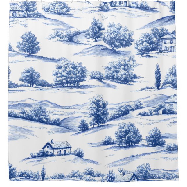 Blue Botanical Toile Pattern Shower Curtain (Front)