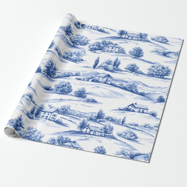 Blue Botanical Toile Pattern Wrapping Paper (Unrolled)