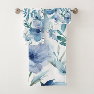 Blue Botanical Watercolor Floral Garden Bath Towel Set