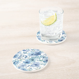 Blue Botanical Watercolor Floral Garden Coaster