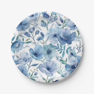 Blue Botanical Watercolor Floral Garden Paper Plate