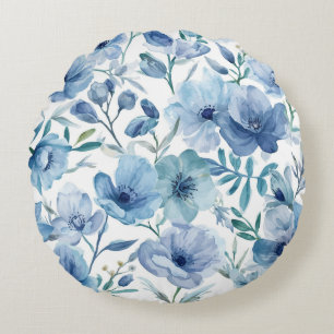 Blue Botanical Watercolor Floral Garden Round Cushion